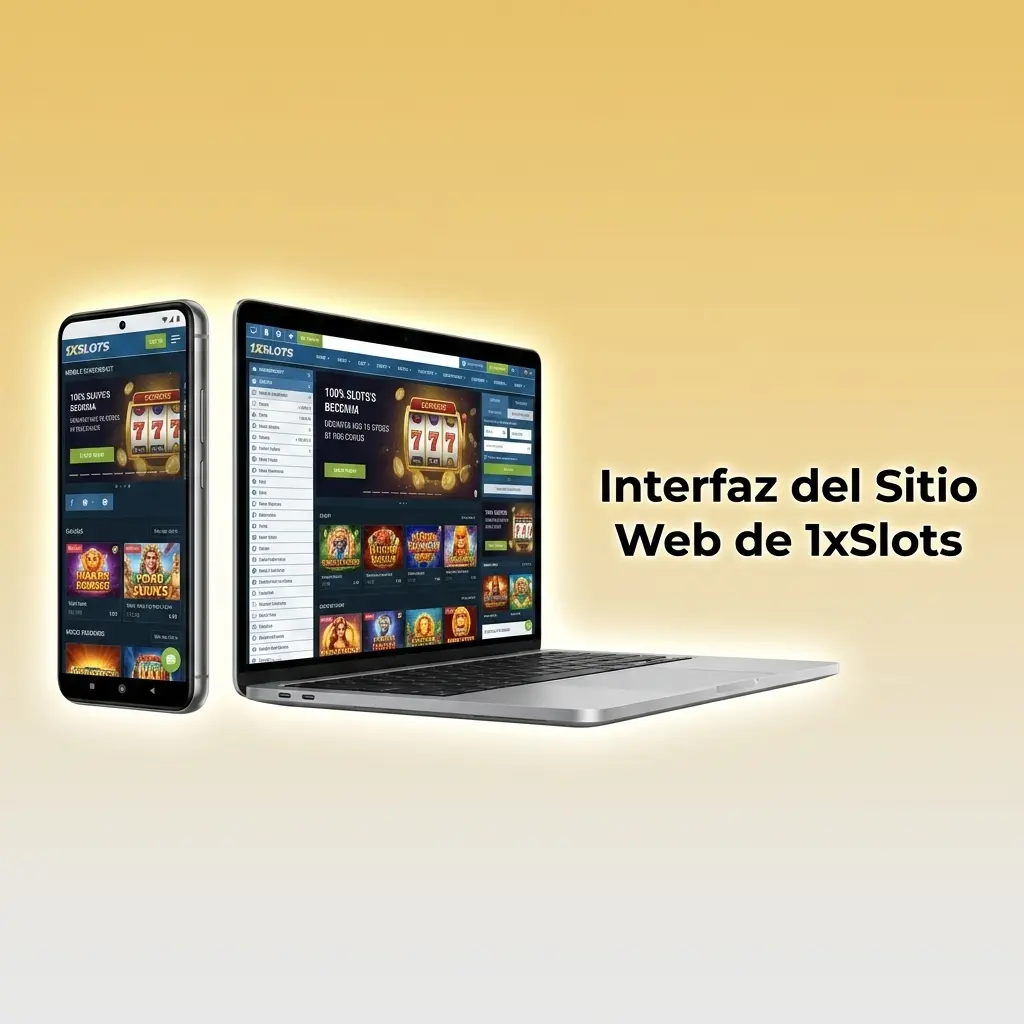 Interfaz del sitio web de 1xSlots con barra de navegación y secciones de casino, deportes y promociones
